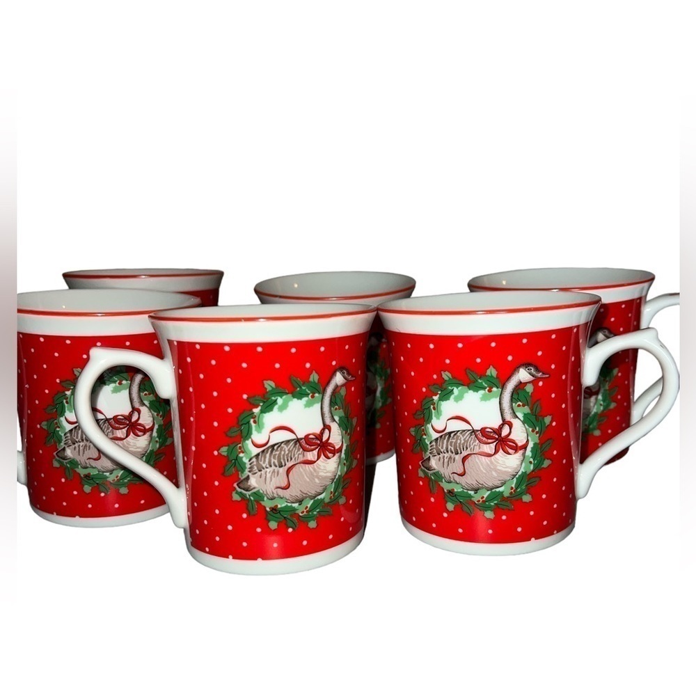 Vintage 1985 Red & White Mugs Christmas Goose Wreath George Good By Fabrizio 4 - Picture 2 of 5